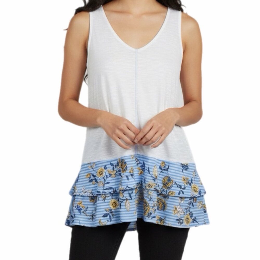 Style & Co Women's Tank Top S White & Blue Floral Ruffle Tunic Burnout V Neck